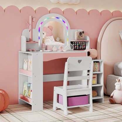 Kids Vanity Set with Colorful LED Lights Princess Makeup Dressing Table with Chair, White Kids Vanities at Gallery Canada