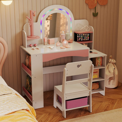 Kids Vanity Set with Colorful LED Lights Princess Makeup Dressing Table with Chair, White Kids Vanities at Gallery Canada