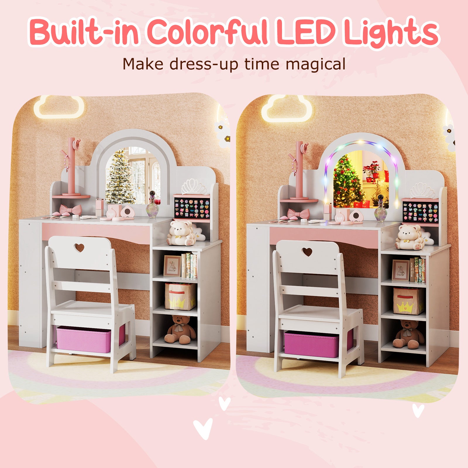 Kids Vanity Set with Colorful LED Lights Princess Makeup Dressing Table with Chair, White Kids Vanities at Gallery Canada