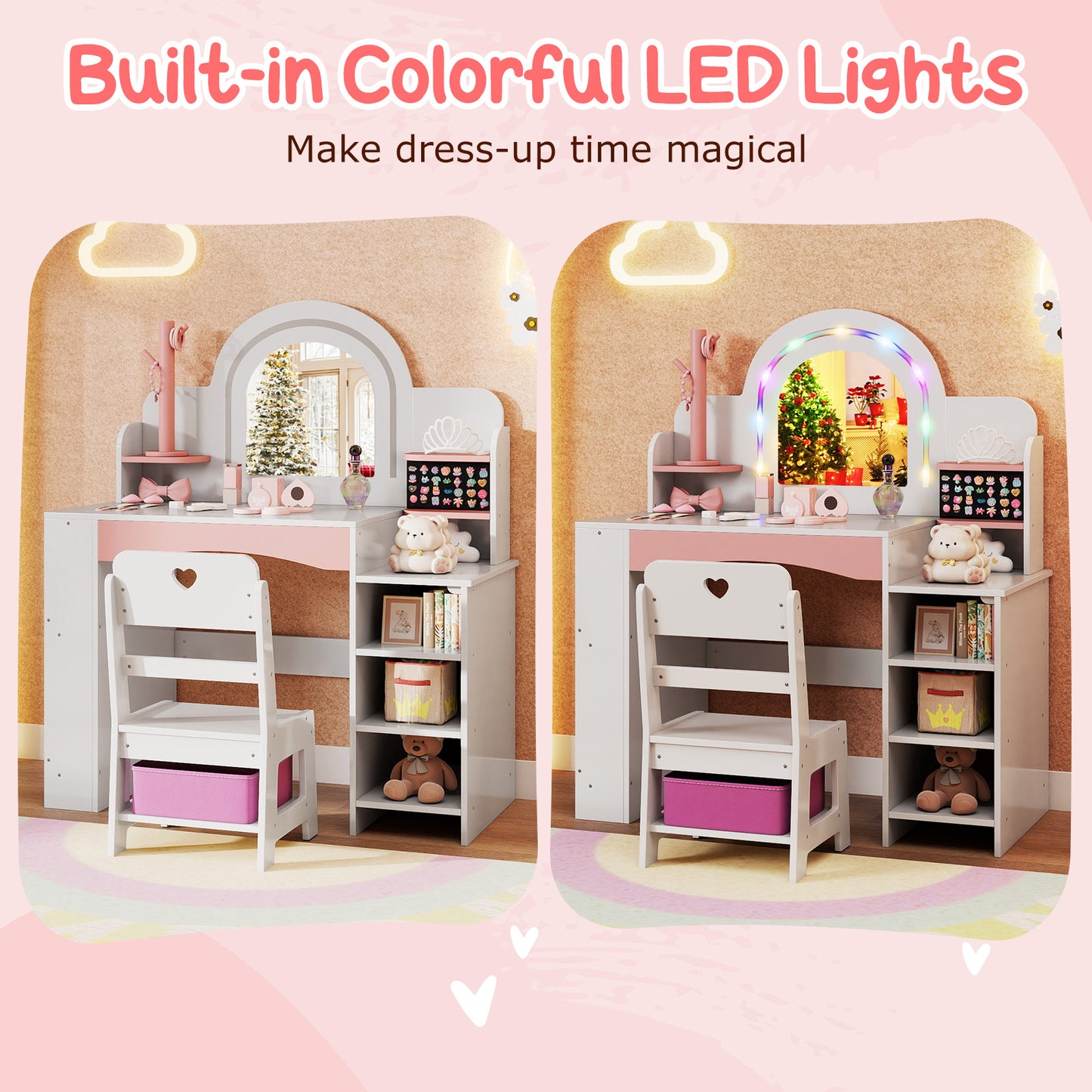 Kids Vanity Set with Colorful LED Lights Princess Makeup Dressing Table with Chair, White Kids Vanities at Gallery Canada