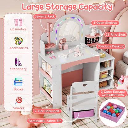 Kids Vanity Set with Colorful LED Lights Princess Makeup Dressing Table with Chair, White Kids Vanities at Gallery Canada
