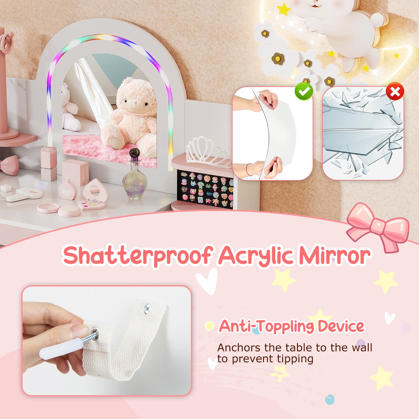 Kids Vanity Set with Colorful LED Lights Princess Makeup Dressing Table with Chair, White Kids Vanities at Gallery Canada