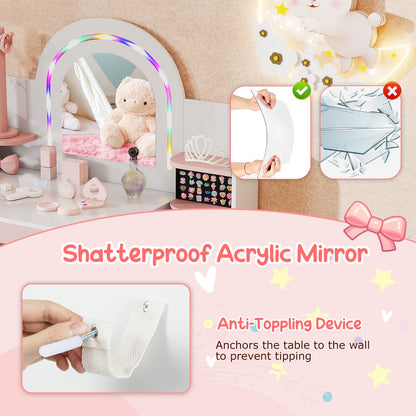Kids Vanity Set with Colorful LED Lights Princess Makeup Dressing Table with Chair, White Kids Vanities at Gallery Canada