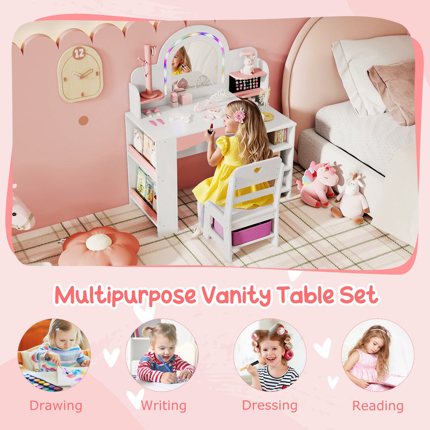Kids Vanity Set with Colorful LED Lights Princess Makeup Dressing Table with Chair, White Kids Vanities at Gallery Canada