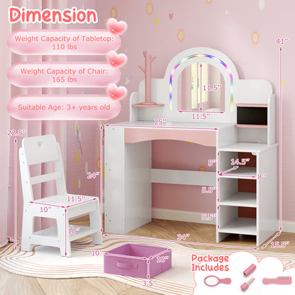 Kids Vanity Set with Colorful LED Lights Princess Makeup Dressing Table with Chair, White Kids Vanities at Gallery Canada