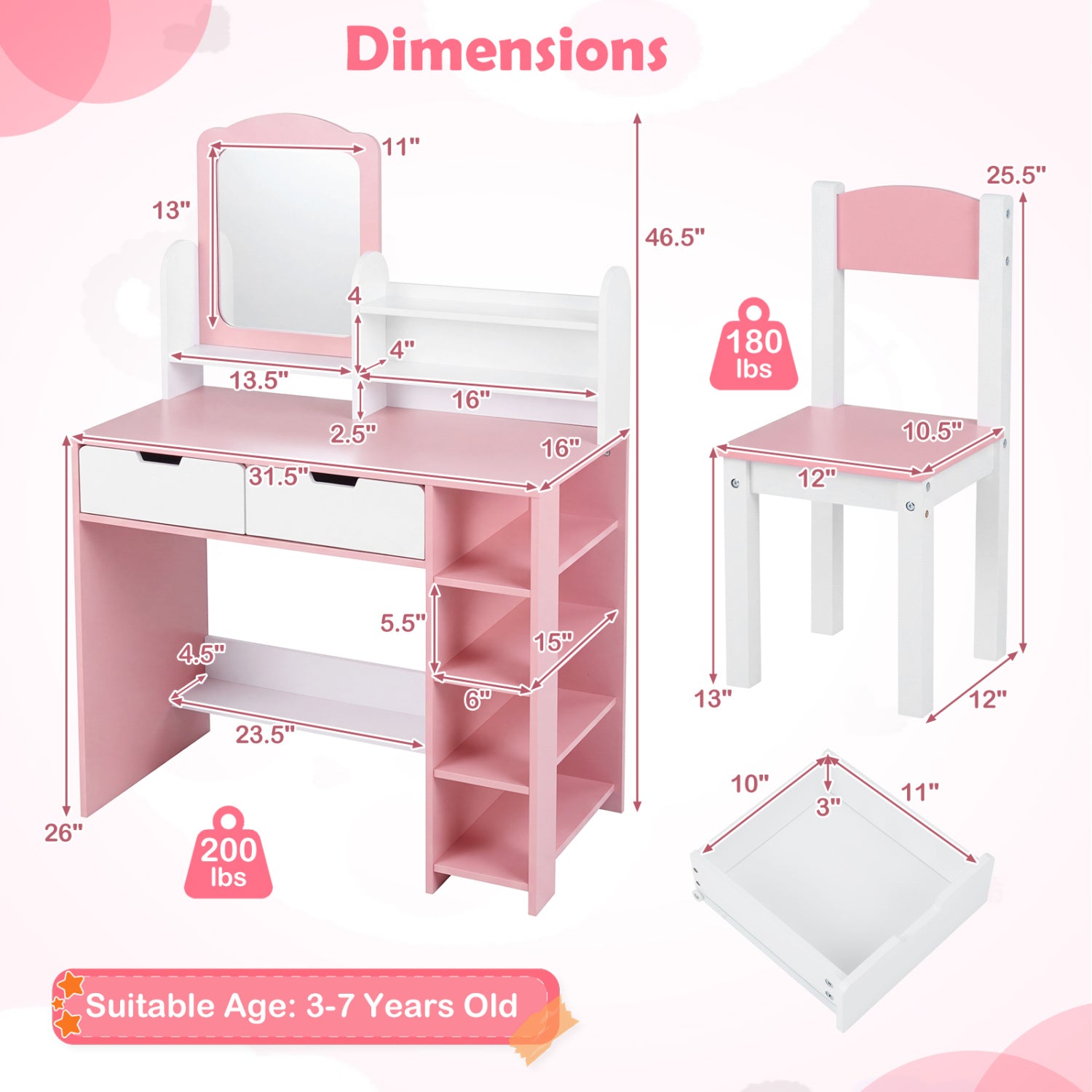 Kids Vanity Set With Chair, Mirror, Storage Shelves, Pink, White Kids Vanities at Gallery Canada