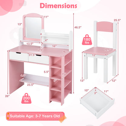 Kids Vanity Set With Chair, Mirror, Storage Shelves, Pink, White Kids Vanities at Gallery Canada