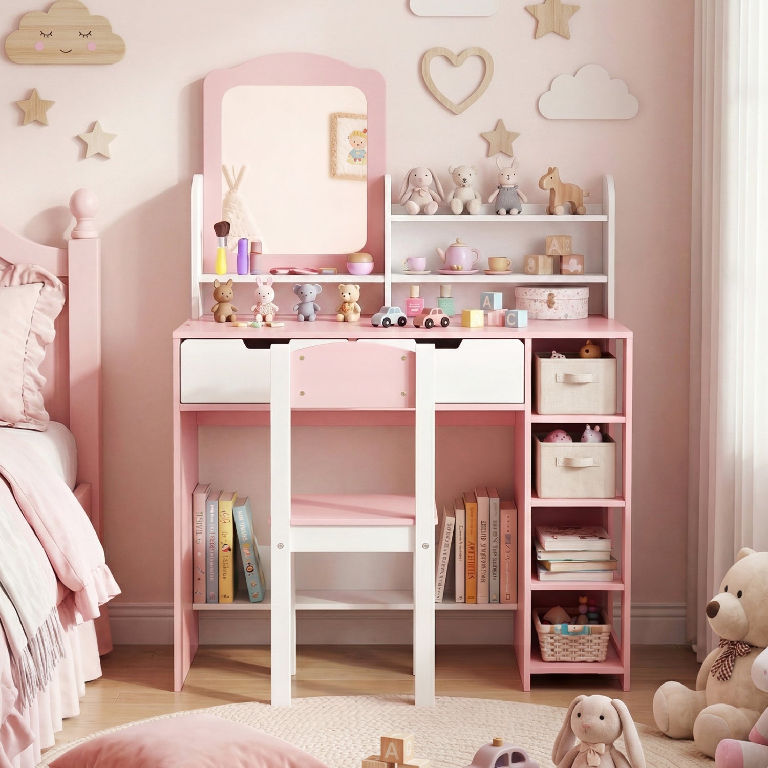 Kids Vanity Set With Chair, Mirror, Storage Shelves, Pink, White Kids Vanities at Gallery Canada