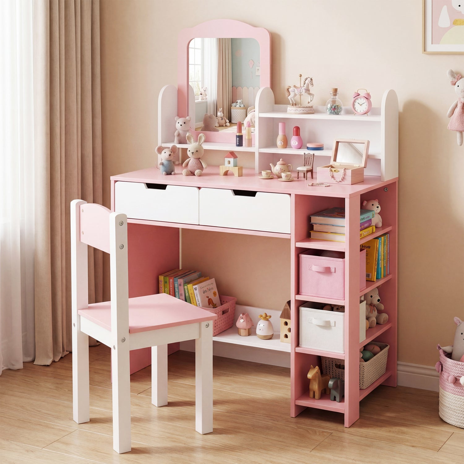 Kids Vanity Set With Chair, Mirror, Storage Shelves, Pink, White Kids Vanities at Gallery Canada