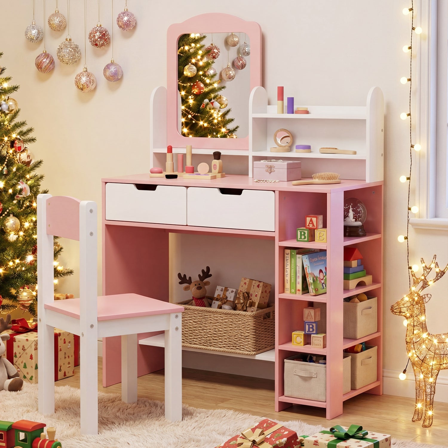Kids Vanity Set With Chair, Mirror, Storage Shelves, Pink, White Kids Vanities at Gallery Canada