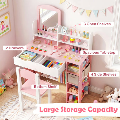 Kids Vanity Set With Chair, Mirror, Storage Shelves, Pink, White Kids Vanities at Gallery Canada