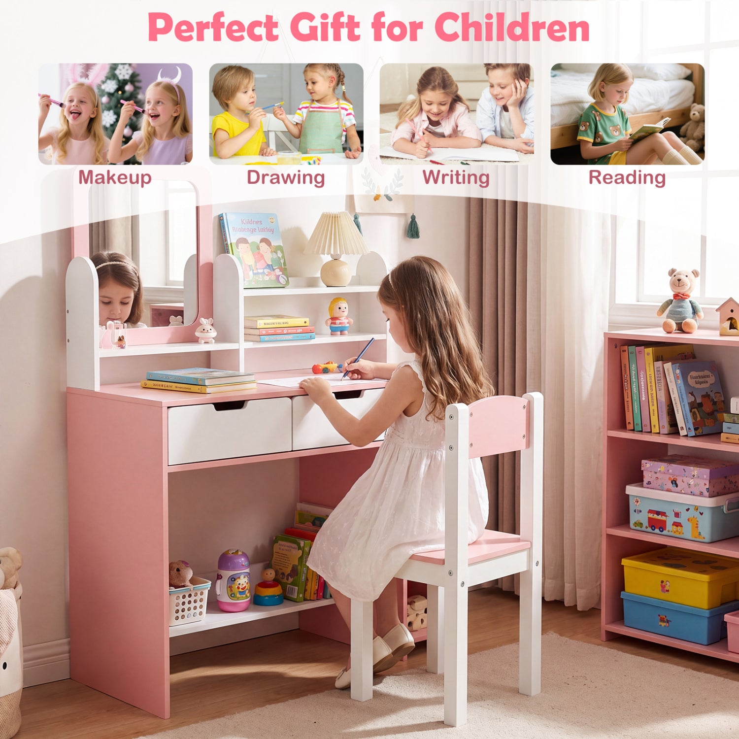 Kids Vanity Set With Chair, Mirror, Storage Shelves, Pink, White Kids Vanities at Gallery Canada