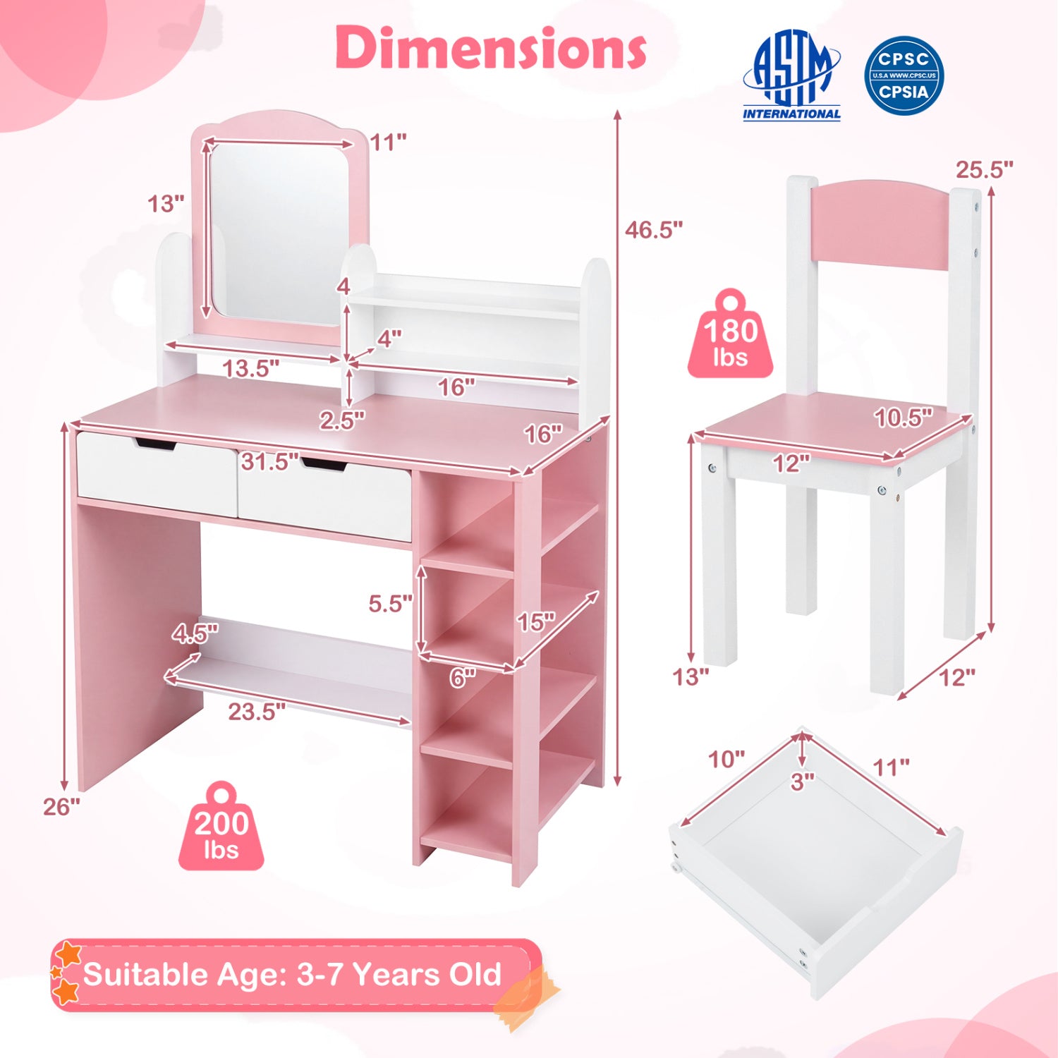 Kids Vanity Set With Chair, Mirror, Storage Shelves, Pink, White Kids Vanities at Gallery Canada