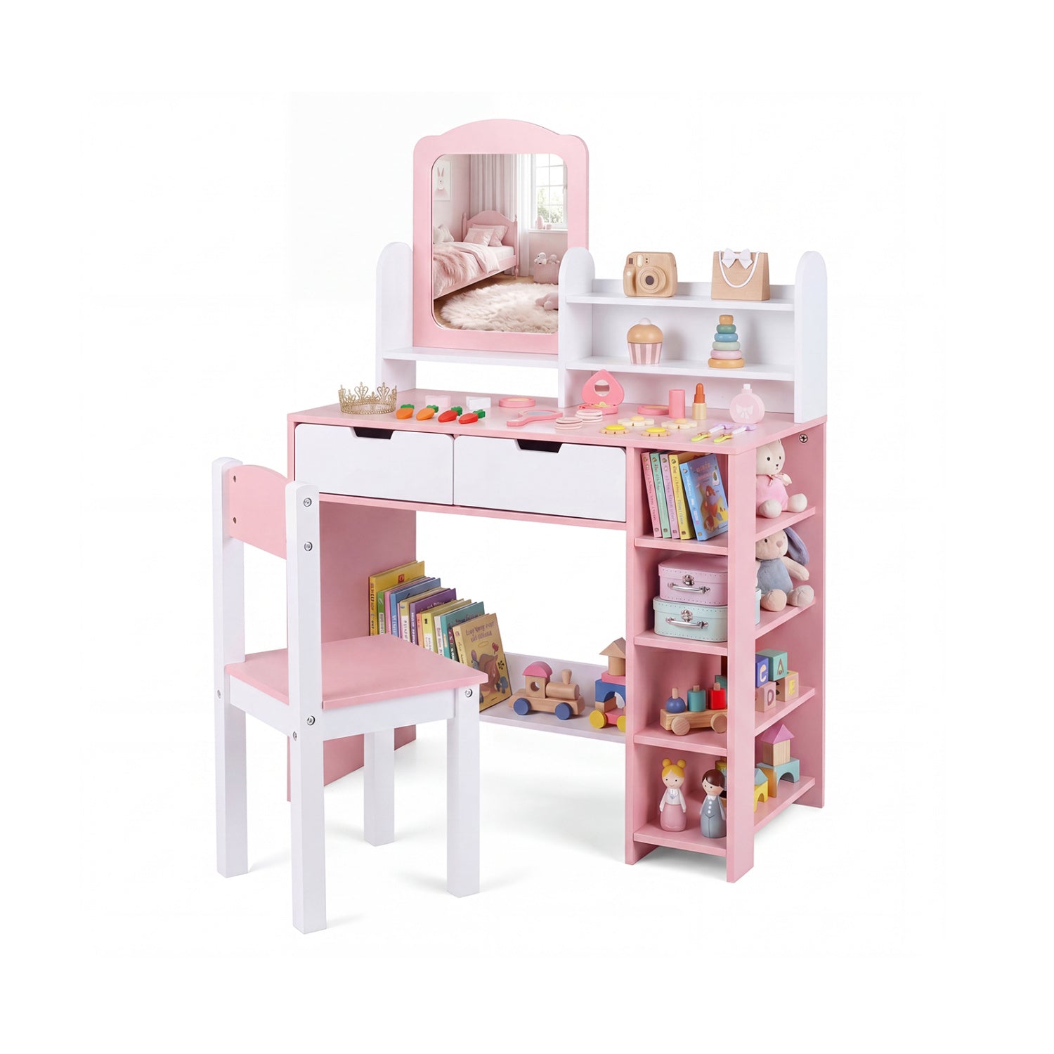 Kids Vanity Set With Chair, Mirror, Storage Shelves, Pink, White Kids Vanities White & Pink at Gallery Canada