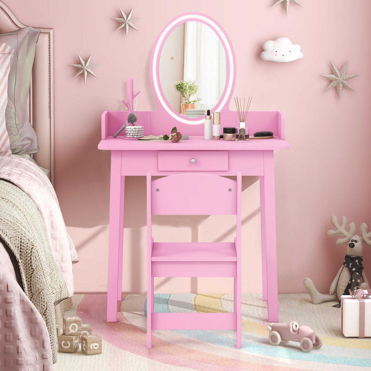 Ensemble de Coiffeuse pour Enfants avec Miroir Éclairé, Rose