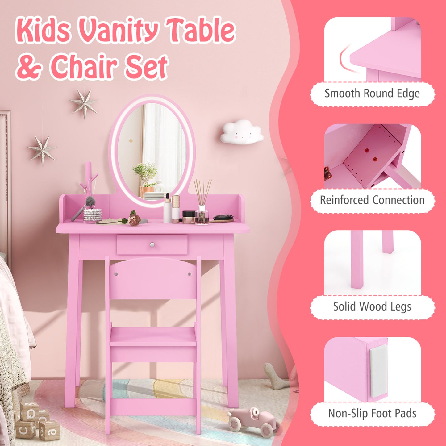 Ensemble de Coiffeuse pour Enfants avec Miroir Éclairé, Rose