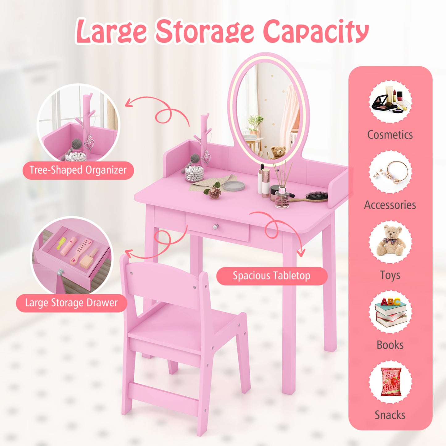 Ensemble de Coiffeuse pour Enfants avec Miroir Éclairé, Rose