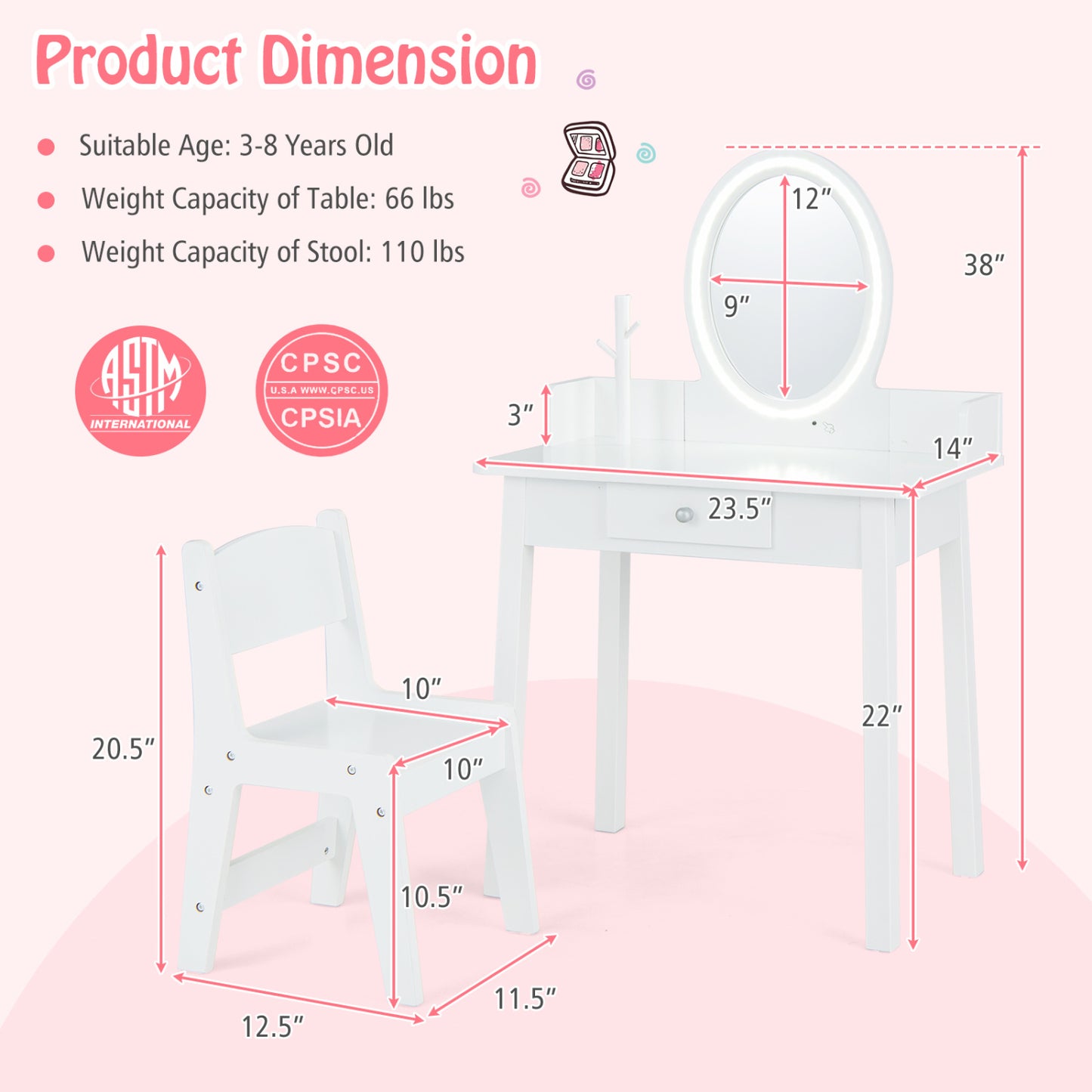 Kids Vanity Set With Lighted Mirror, White Kids Vanities at Gallery Canada