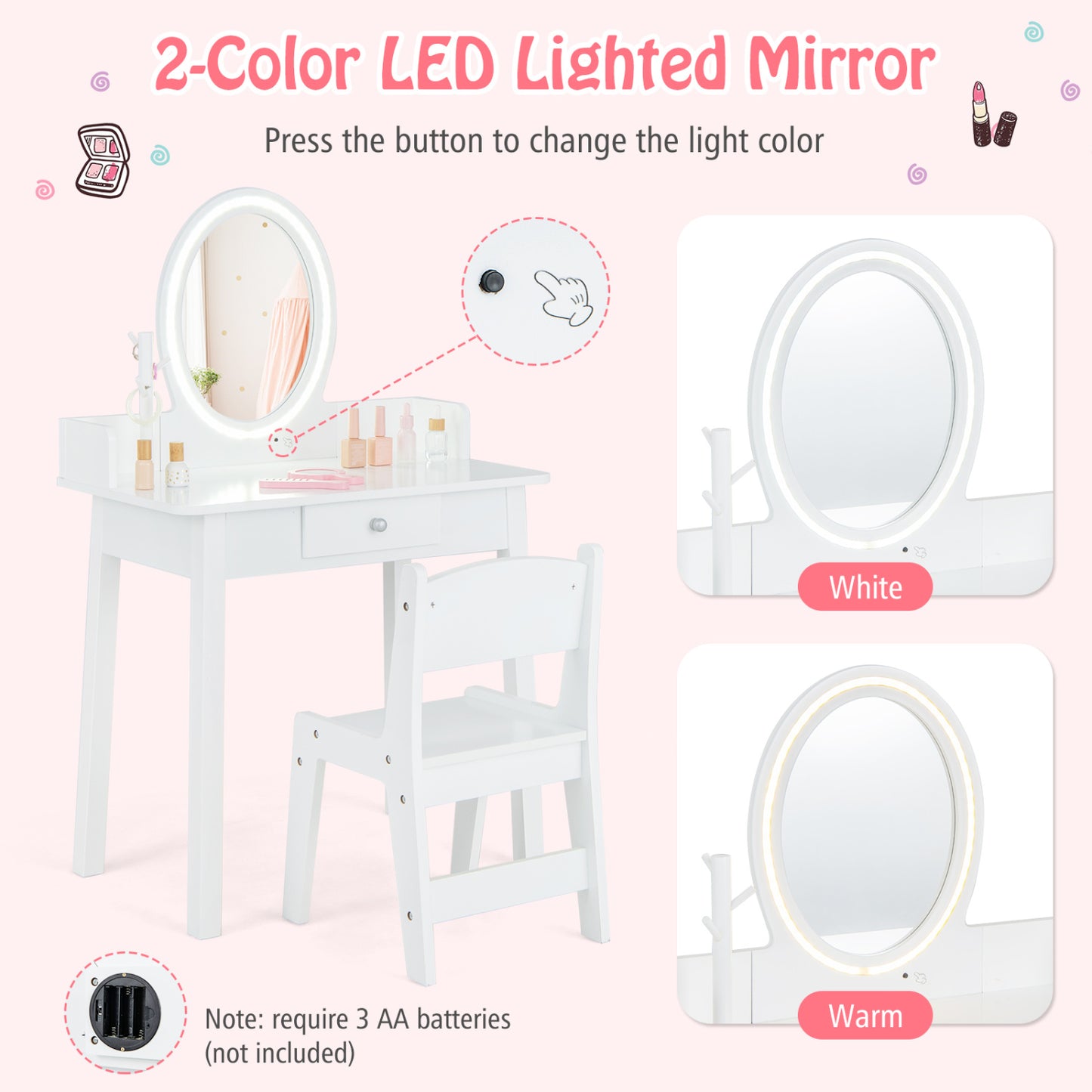 Kids Vanity Set With Lighted Mirror, White Kids Vanities at Gallery Canada