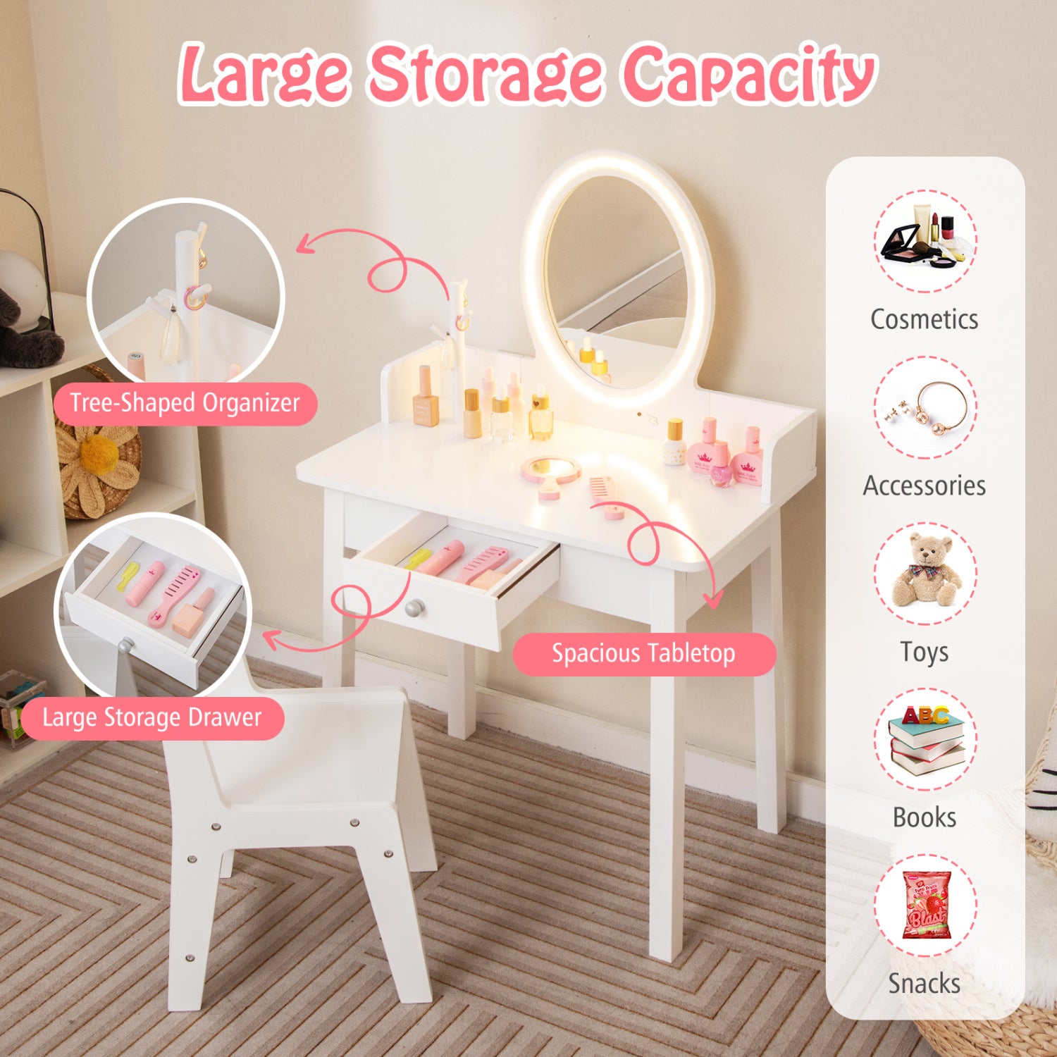Kids Vanity Set With Lighted Mirror, White Kids Vanities at Gallery Canada