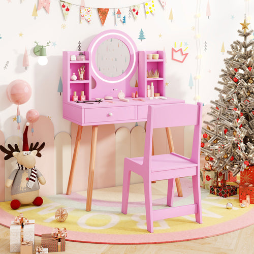 Kids Vanity Set With Lighted Mirror, Storage Drawers, Pink