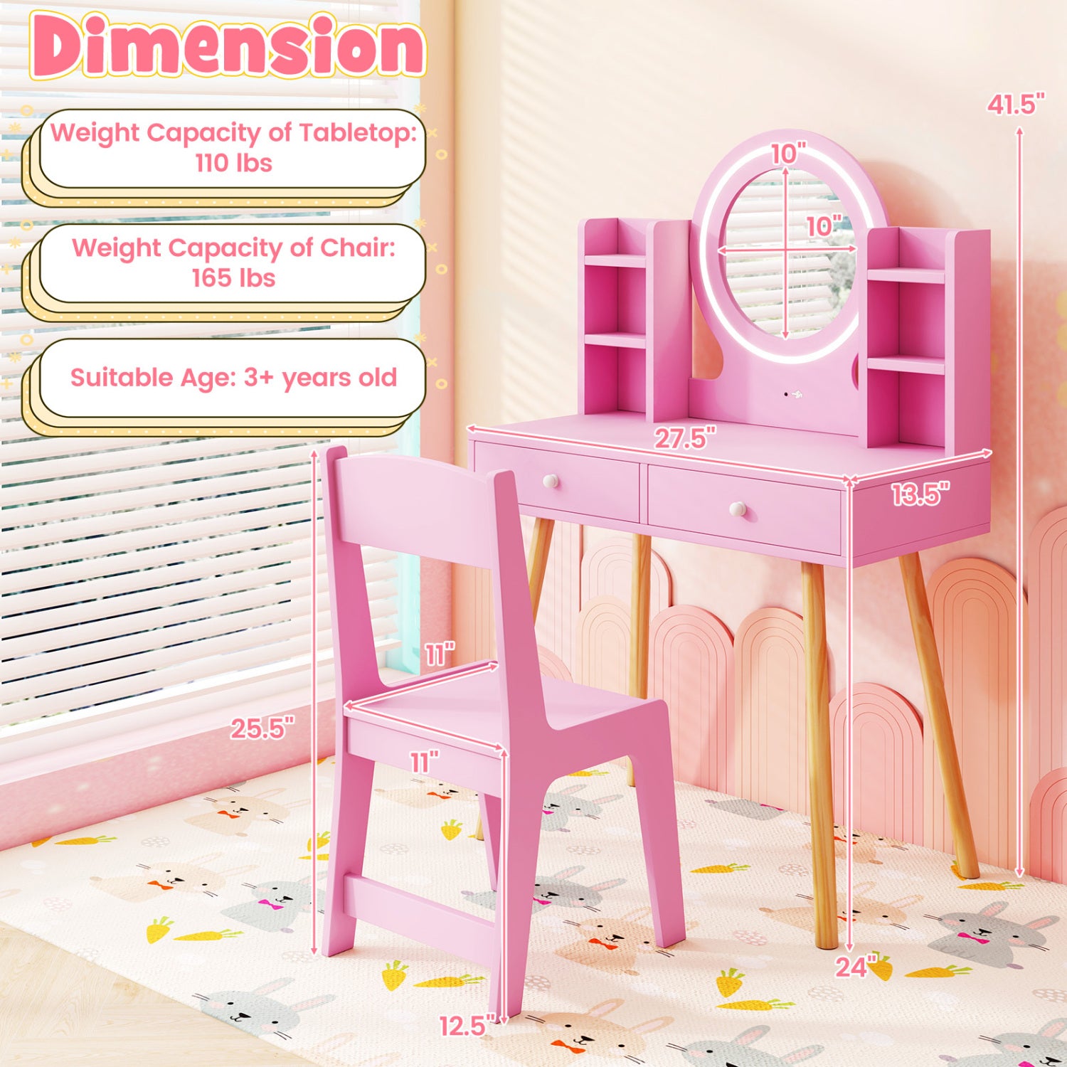 Kids Vanity Set With Lighted Mirror, Storage Drawers, Pink Kids Vanities at Gallery Canada