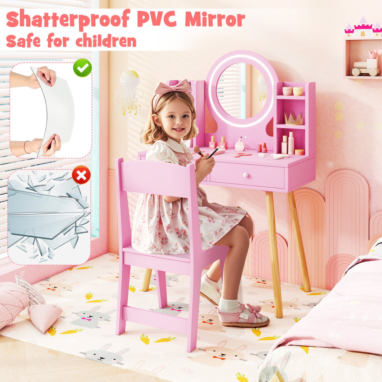 Kids Vanity Set With Lighted Mirror, Storage Drawers, Pink Kids Vanities at Gallery Canada