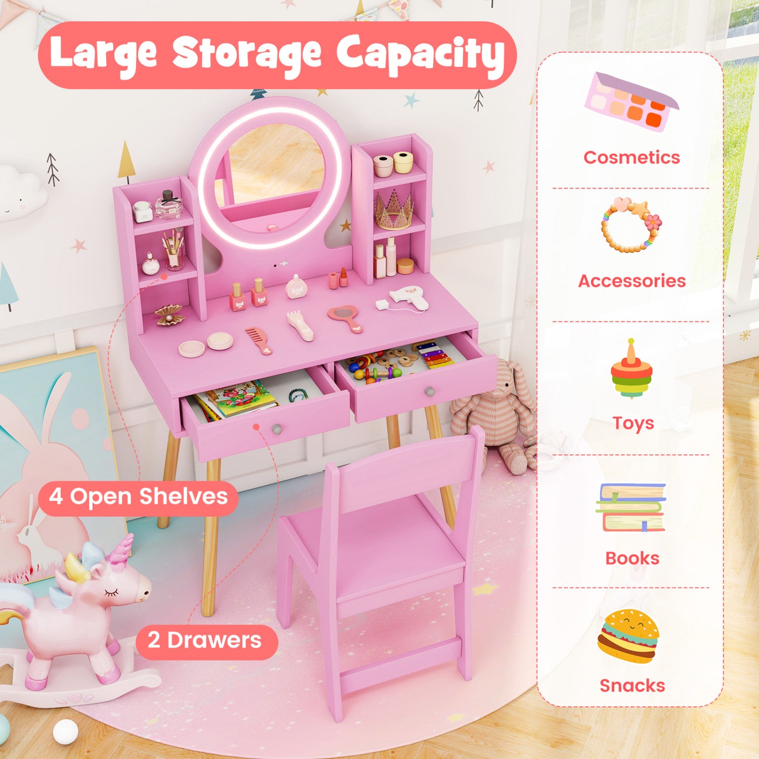 Kids Vanity Set With Lighted Mirror, Storage Drawers, Pink Kids Vanities at Gallery Canada