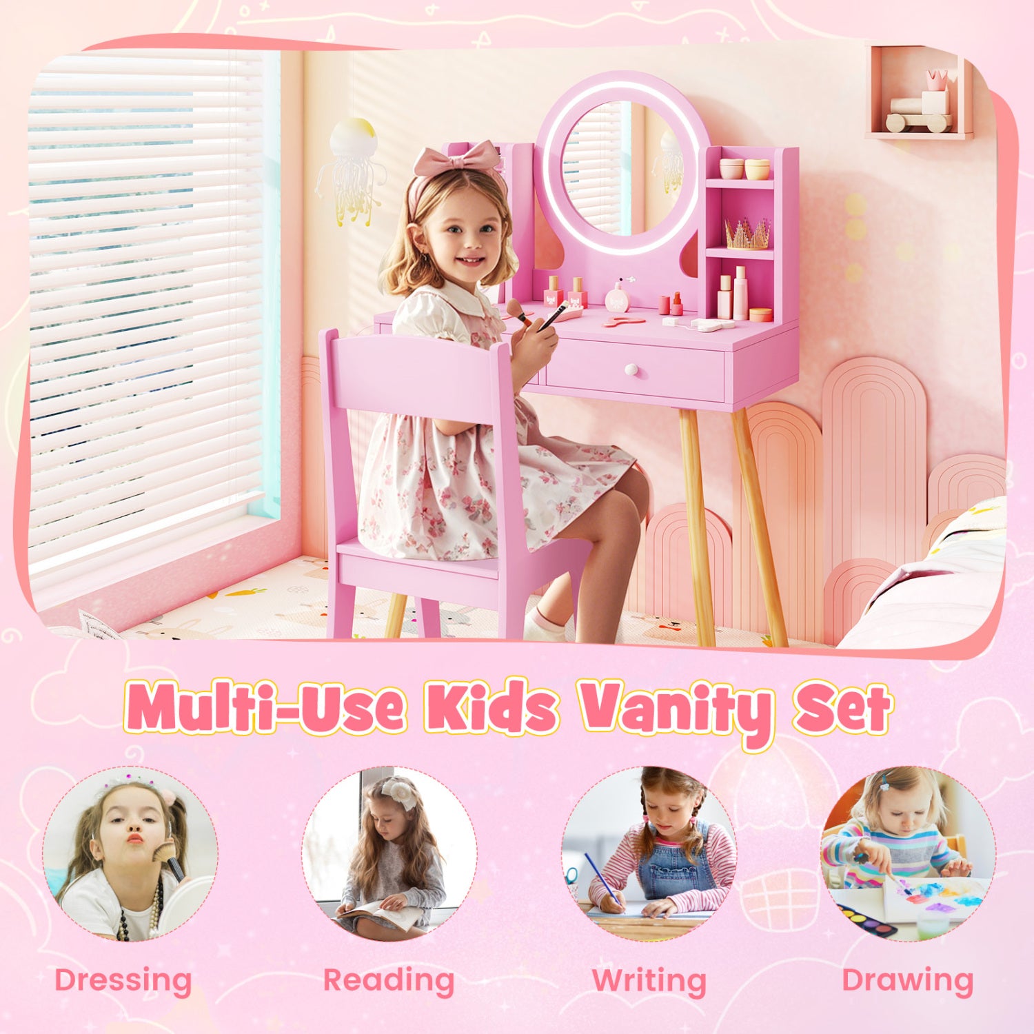 Kids Vanity Set With Lighted Mirror, Storage Drawers, Pink Kids Vanities at Gallery Canada