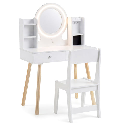 Kids Vanity Set With Lighted Mirror, Storage Drawers, White