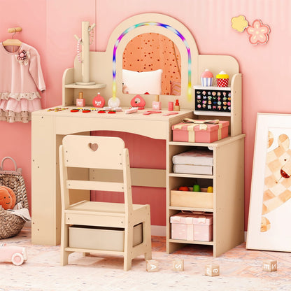 Kids Vanity Set With LED Lights, Makeup Dressing Table & Chair, Natural