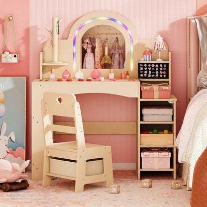 Kids Vanity Set With LED Lights, Makeup Dressing Table & Chair, Natural