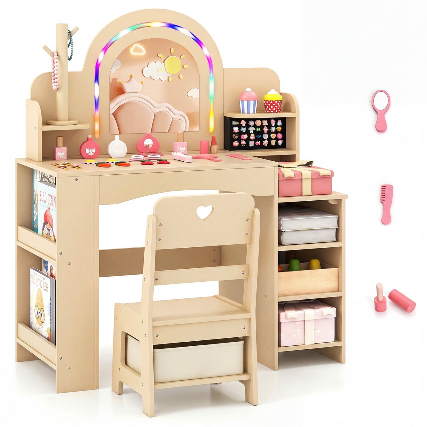 Kids Vanity Set With LED Lights, Makeup Dressing Table & Chair, Natural