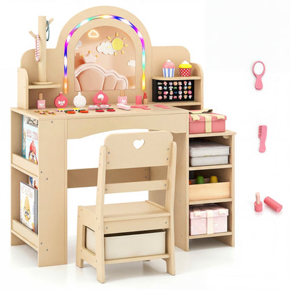 Kids Vanity Set With LED Lights, Makeup Dressing Table & Chair, Natural