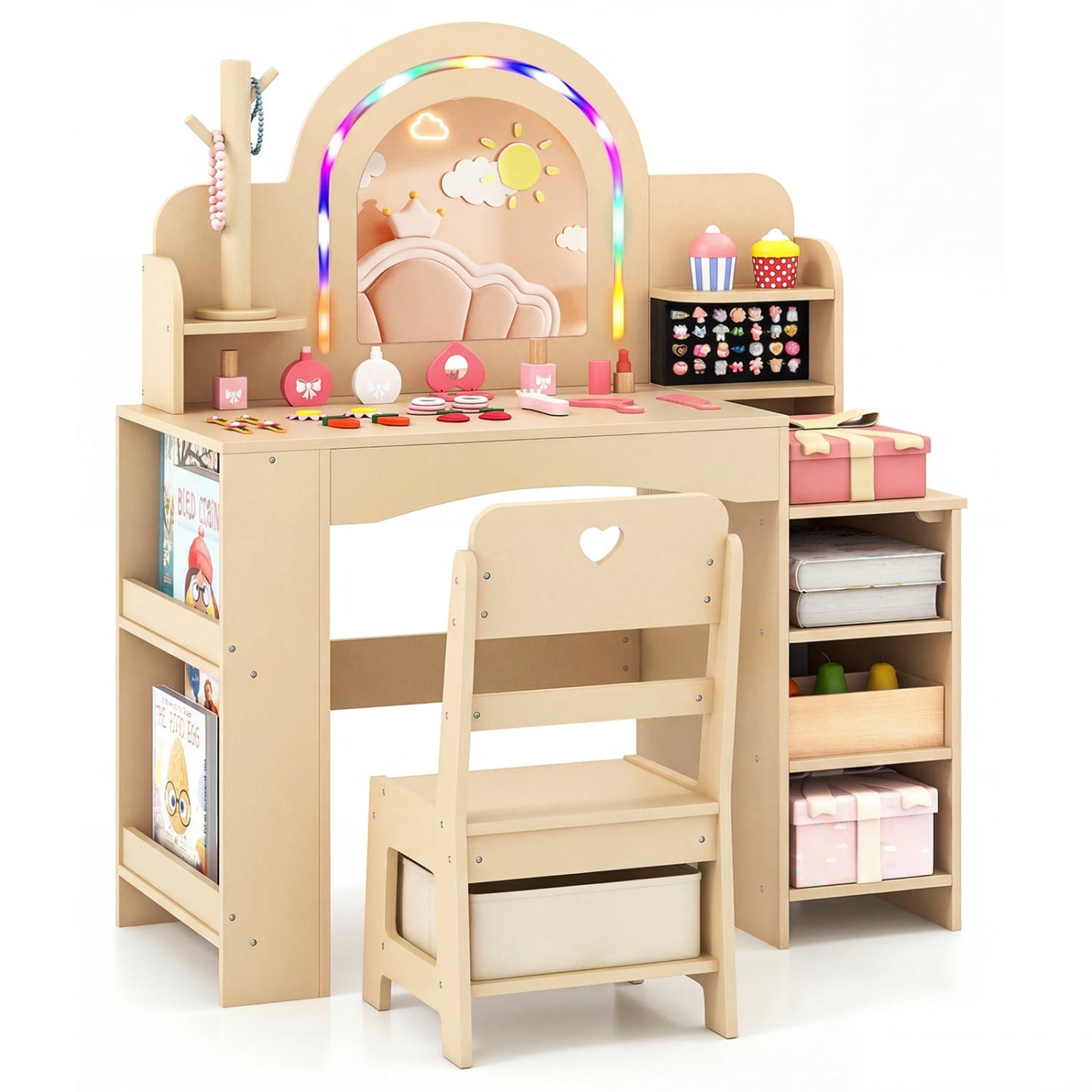 Kids Vanity Set With LED Lights, Makeup Dressing Table & Chair, Natural