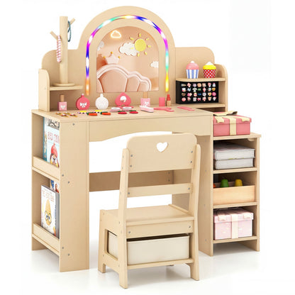 Kids Vanity Set With LED Lights, Makeup Dressing Table & Chair, Natural