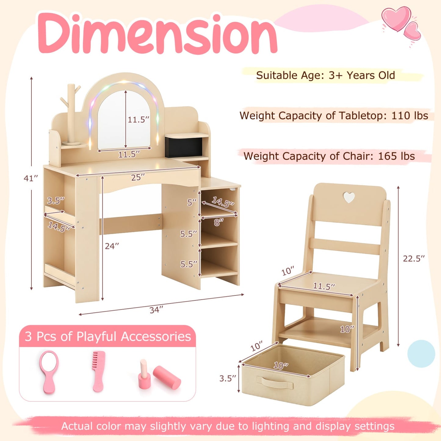 Kids Vanity Set With LED Lights, Makeup Dressing Table & Chair, Natural