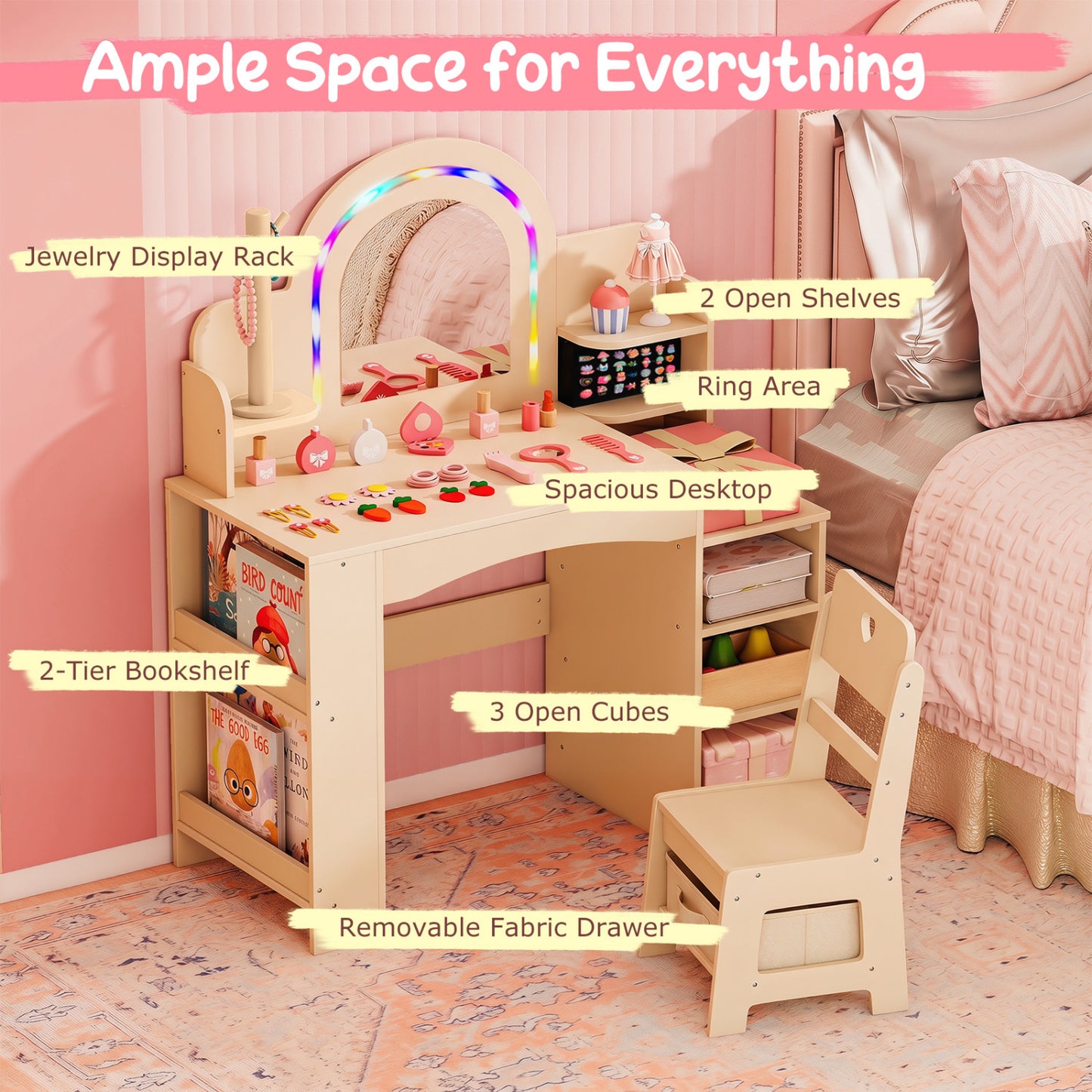 Kids Vanity Set With LED Lights, Makeup Dressing Table & Chair, Natural
