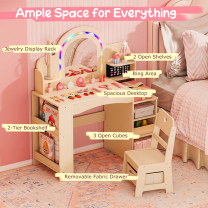 Kids Vanity Set With LED Lights, Makeup Dressing Table & Chair, Natural