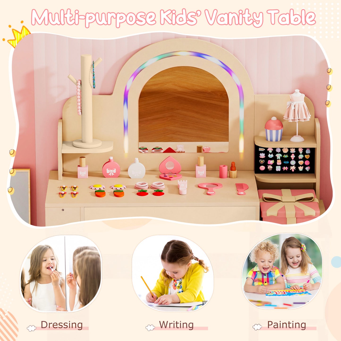 Kids Vanity Set With LED Lights, Makeup Dressing Table & Chair, Natural