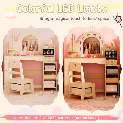 Kids Vanity Set With LED Lights, Makeup Dressing Table & Chair, Natural