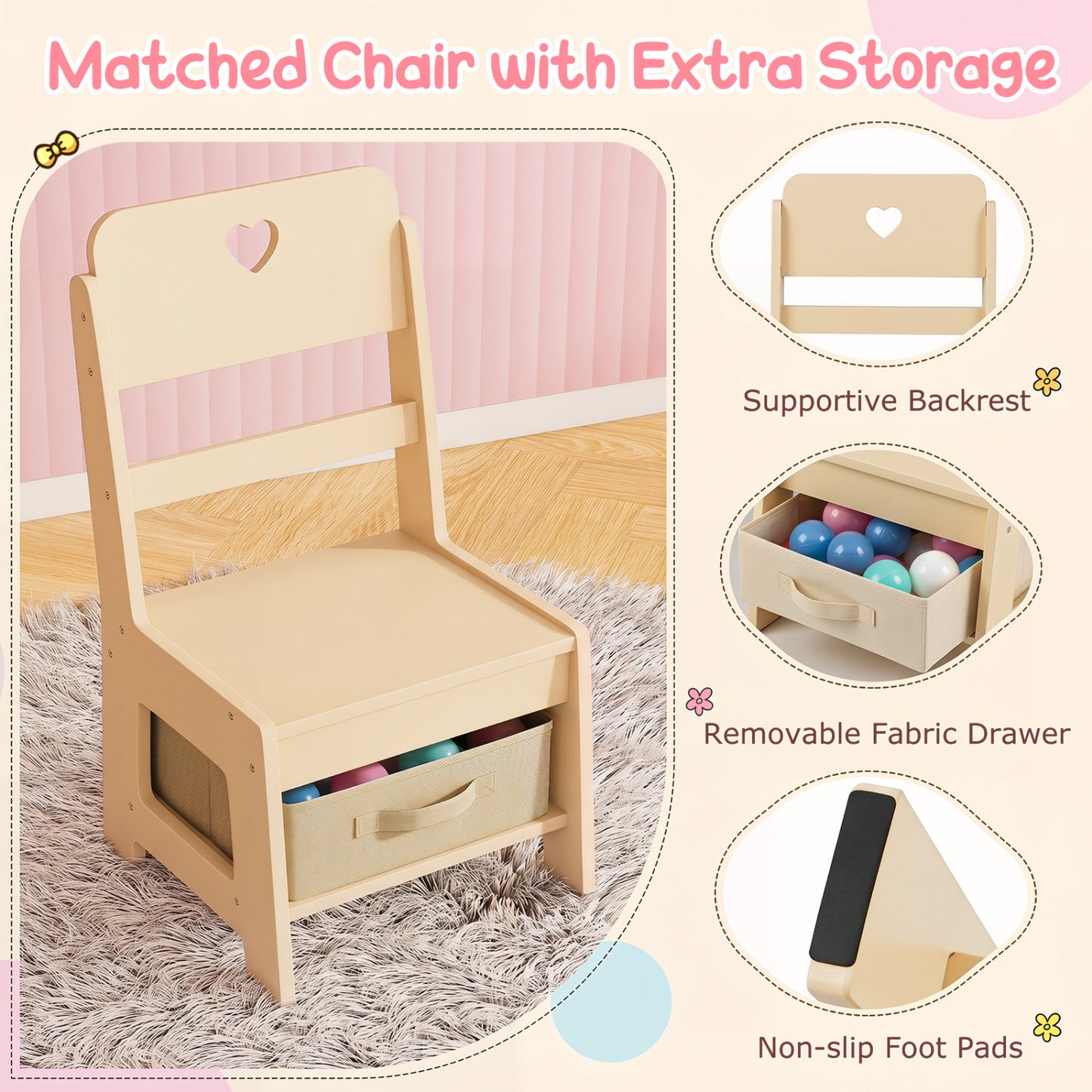 Kids Vanity Set With LED Lights, Makeup Dressing Table & Chair, Natural