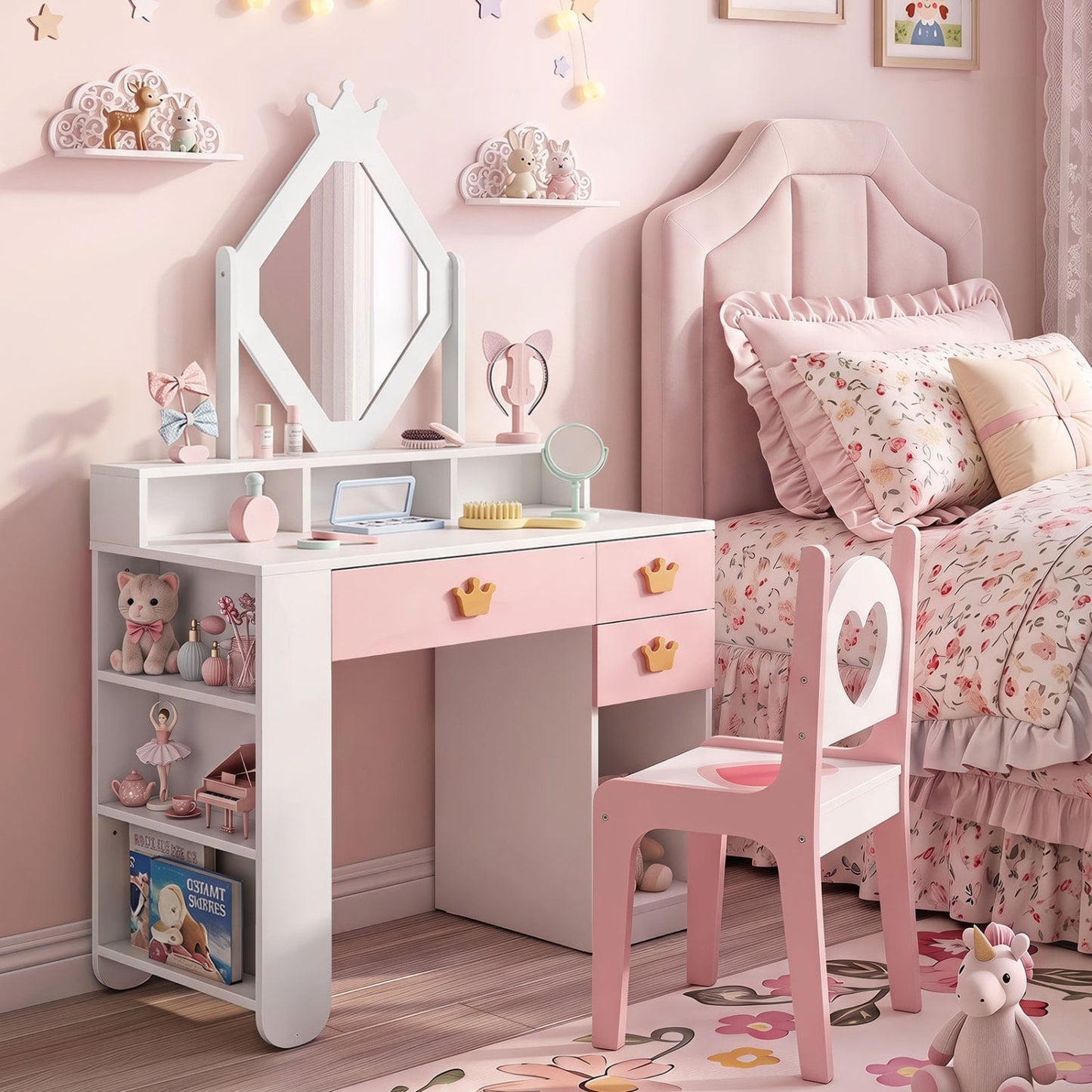 Ensemble de coiffeuse pour enfants avec miroir couronné et chaise, blanc