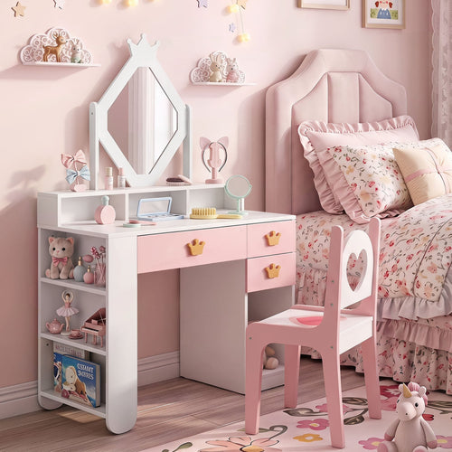 Kids Vanity Set with Crown Mirror & Chair, White