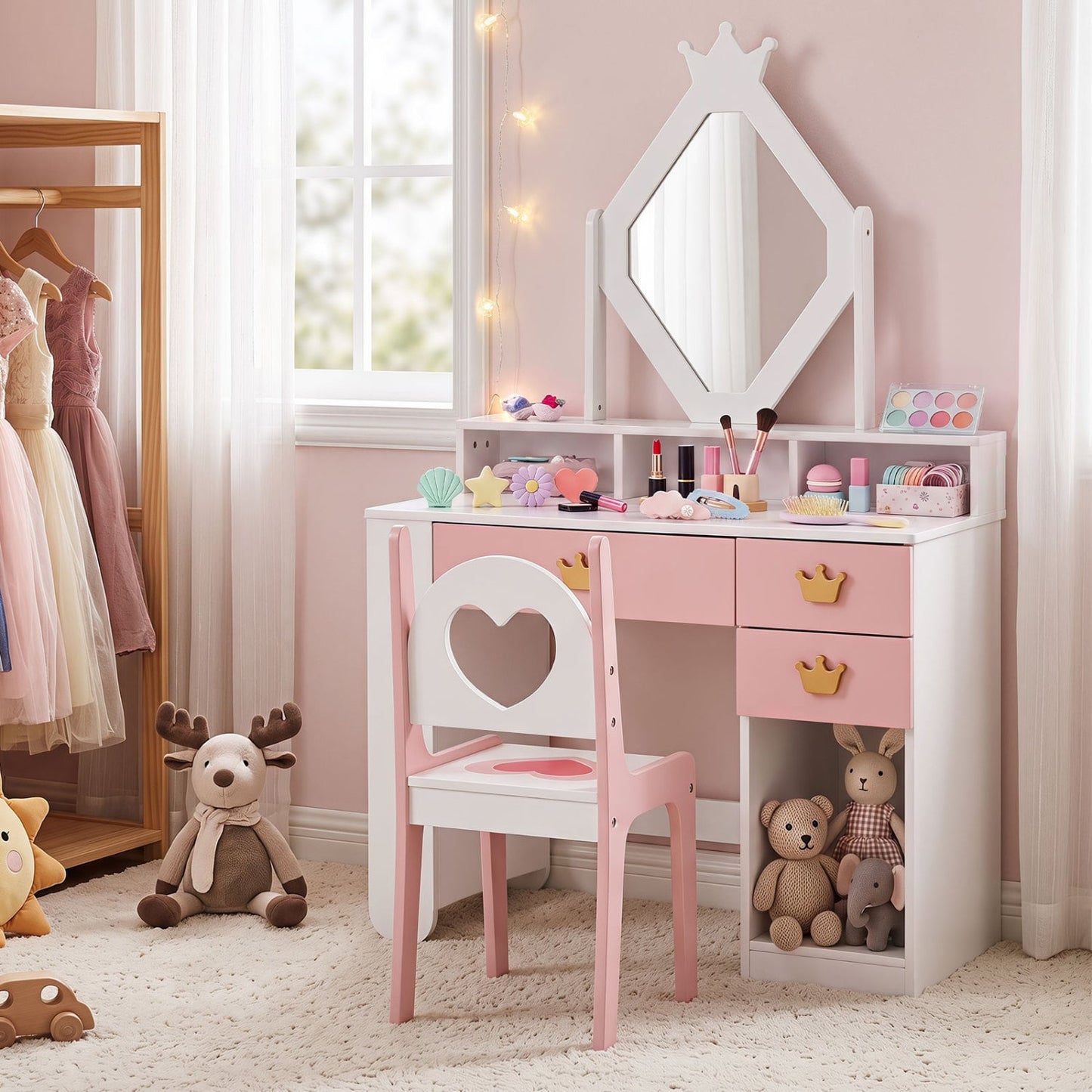 Ensemble de coiffeuse pour enfants avec miroir couronné et chaise, blanc