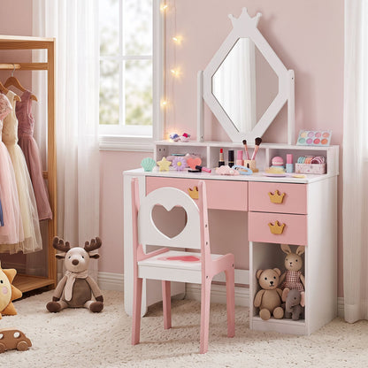Ensemble de coiffeuse pour enfants avec miroir couronné et chaise, blanc