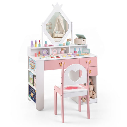 Ensemble de coiffeuse pour enfants avec miroir couronné et chaise, blanc