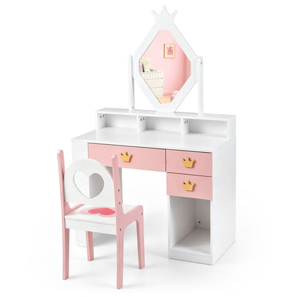 Ensemble de coiffeuse pour enfants avec miroir couronné et chaise, blanc