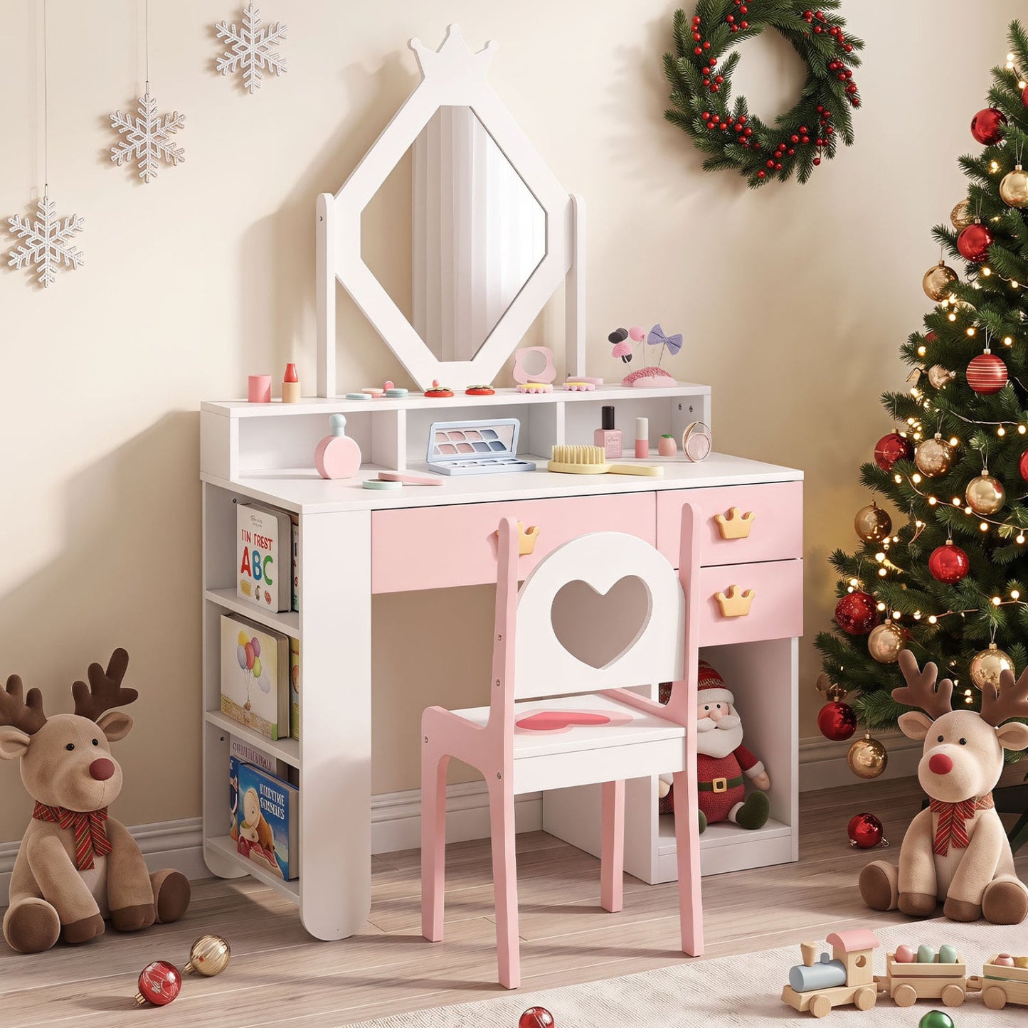 Ensemble de coiffeuse pour enfants avec miroir couronné et chaise, blanc
