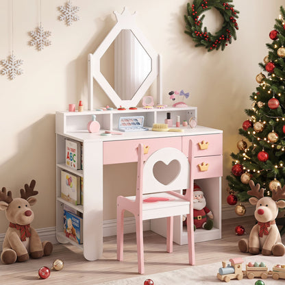 Ensemble de coiffeuse pour enfants avec miroir couronné et chaise, blanc